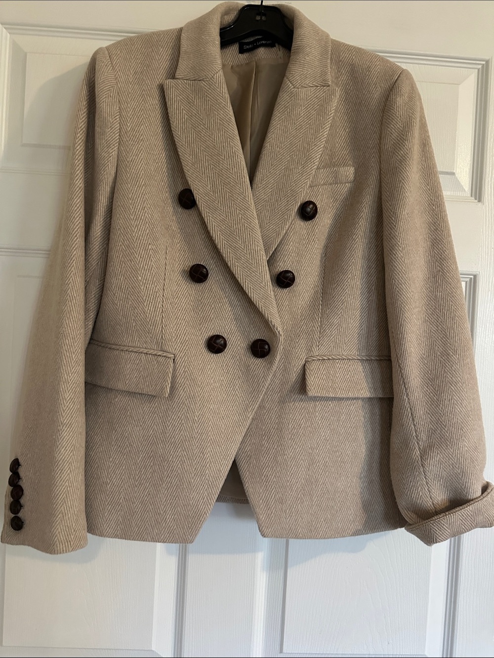 Stella + Lorenzo Double-Breasted Beige Herringbone Blazer